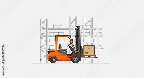 Orange forklift operates within a warehouse, lifting a box onto shelves