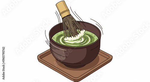 Green tea being whisked in a ceramic bowl on a wooden tray