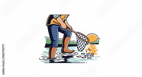 Person in waders and vest fishes with net in shallow water at sunset