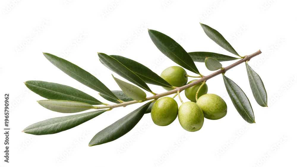 Fototapeta premium Green olive branch bearing five ripe green olives and slender leaves, isolated on transparent background for healthy food