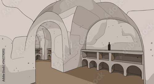 Interior of a cave-like dwelling with arched shelves and a single bottle