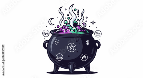 Pixel art of a witch's cauldron bubbling with magical potion and symbols