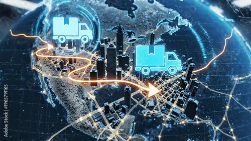 Global supply chain network with delivery trucks tracking routes across north american cities on digital earth