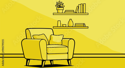 Minimalist yellow interior with a single armchair and two shelves