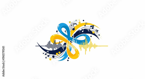 Colorful sound wave and musical notes abstract design