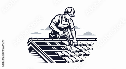 Roofer in hard hat using a drill on a tiled roof