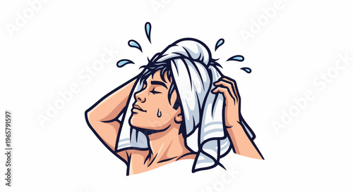Person drying hair with towel and water droplets splashing around