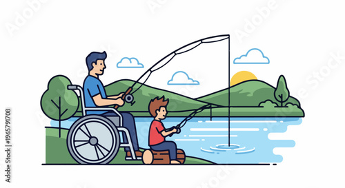 Father and son fishing by a lake at sunset with a disabled father