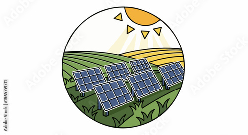 Solar panels capturing sun energy in a green field