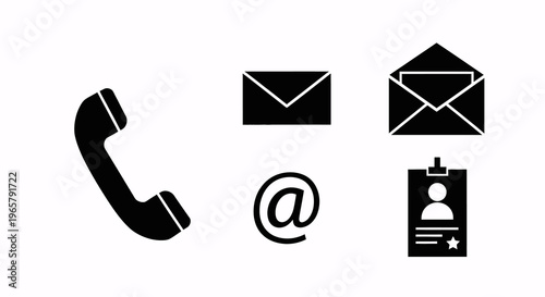 Contact Icons: Phone, Email, Envelope, At Symbol, and ID Badge - Communication and Information Symbols