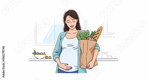 Pregnant woman in kitchen holding bag of groceries, smiling gently