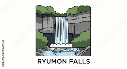 Stylized illustration of a waterfall cascading down rocky cliffs with surrounding greenery