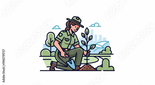 Ranger planting sapling in park with city skyline behind