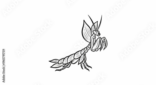Stylized black and white drawing of a praying mantis on a white background
