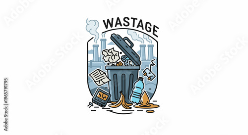 Cartoon illustration of a trash can overflowing with waste, with factories in the background