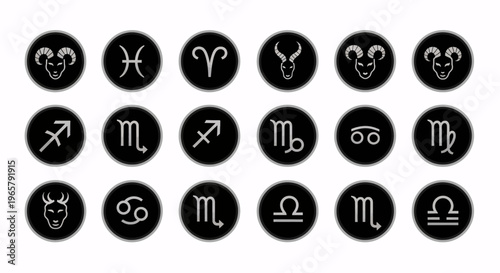 Collection of various astrological zodiac signs as black and white icons. Horoscope symbols for all twelve star signs, perfect for spiritual and mystical designs.
