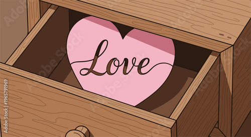 A wooden drawer reveals a pink heart-shaped object with "Love" written on it