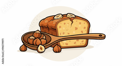 Loaf cake with banana slices and a spoon of hazelnuts