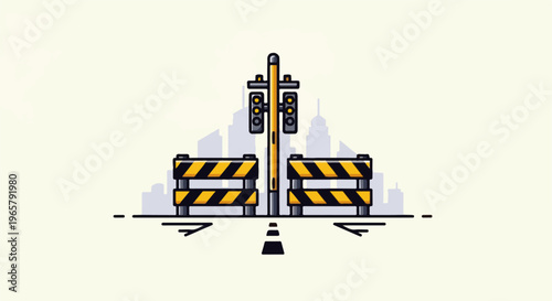 Road closed with traffic lights and city silhouette