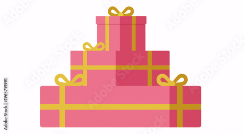Stack of three pink gift boxes with gold ribbons and bows, isolated on white background, flat design