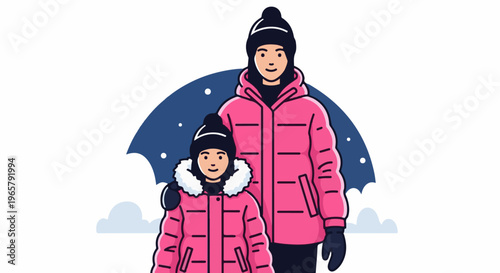 Two figures in winter coats under a protective umbrella shape during snowfall