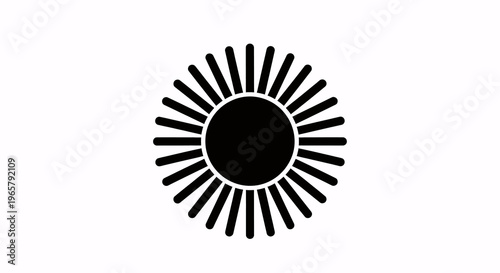 Stylized black sun icon with radiating rays on a white background, simple graphic symbol for daylight, energy, and warmth.