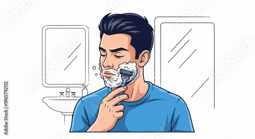 Man shaving face with razor in bathroom sink with mirrors