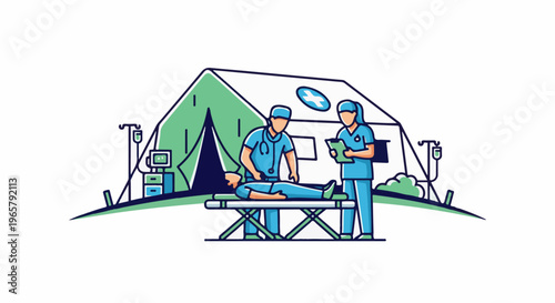Medical professionals treat patient in a field tent with medical equipment
