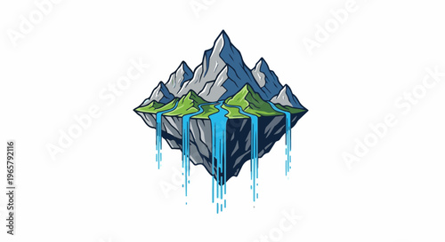 A surreal floating island with mountains, rivers, and waterfalls