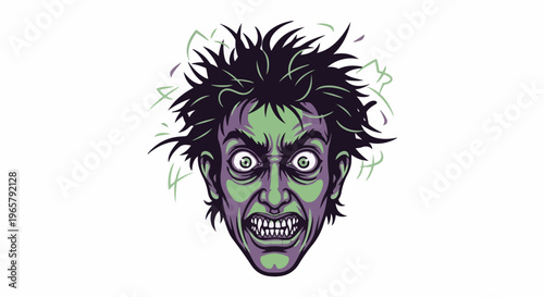 Spiky-haired, green-faced person grimaces with wide eyes and bared teeth