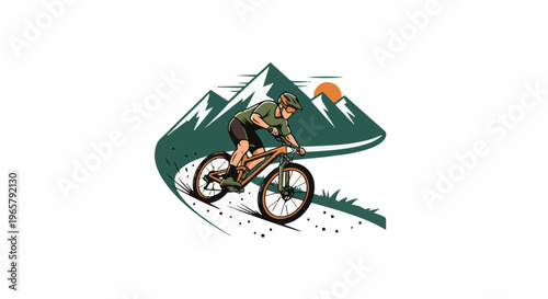 Mountain biker descending trail with peaks and sun in background