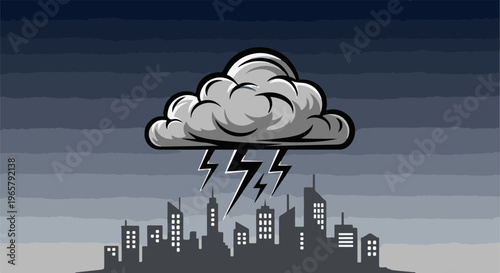 Stormy sky with lightning strikes over city silhouette