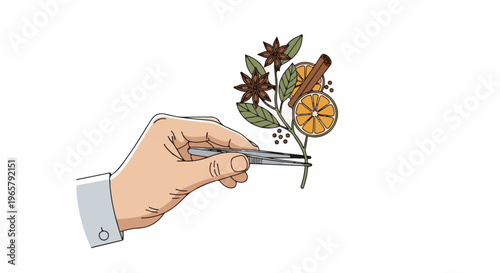 Hand holds tweezers with star anise, orange slices, cinnamon, and peppercorns