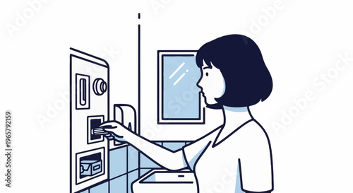 Woman inserts card into vending machine next to sink with mirror