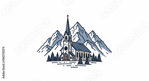 Stylized church nestled among snowy peaks and evergreen trees
