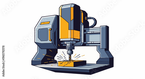 Modern industrial machine precisely milling a block with sparks
