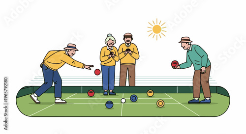 Elderly people playing bocce ball on a sunny day