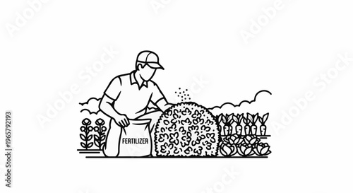 Gardener fertilizing a pile of plants with a bag of fertilizer