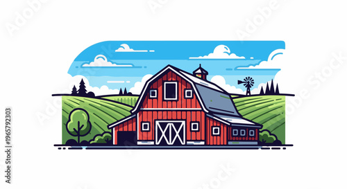 Red barn with windmill and rolling green fields under a blue sky