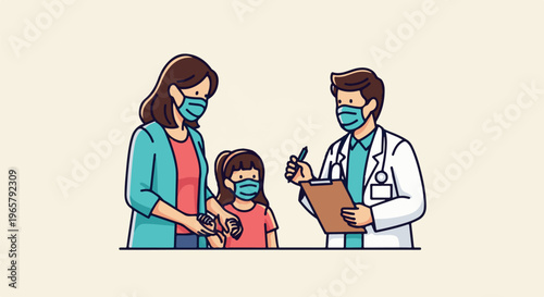 Doctor with mask consults mother and child