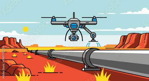 Drone surveys pipeline in a desert landscape with red rock formations