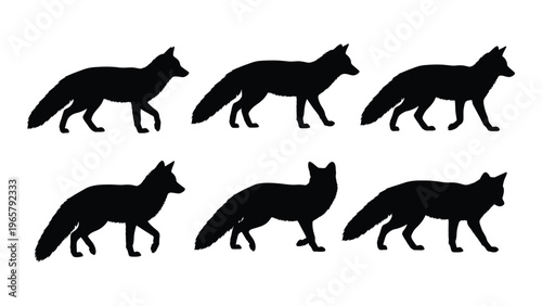 A collection of six black fox silhouettes in various walking and alert poses showcasing elegant animal forms silhouette