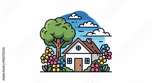 A charming cartoon house sits amidst colorful flowers under a blue sky