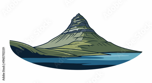 Stylized graphic of a conical mountain with layered slopes meeting a body of water