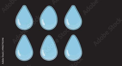 Six clean, clear, and refreshing blue water droplets, illustrated in a simple vector style on a dark black background, symbolizing purity, hydration, and natural elements.