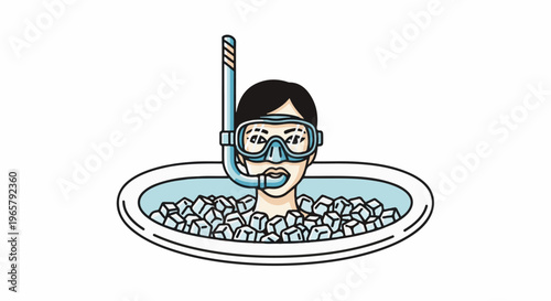 Person wearing snorkel mask immersed in ice cubes in a bowl