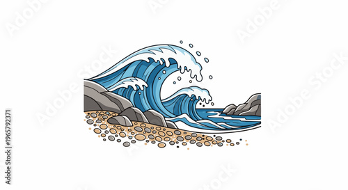 Powerful ocean waves crash onto a rocky shore with a pebble beach