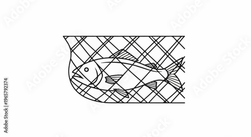 A simple line drawing of a fish caught in a net on a white background