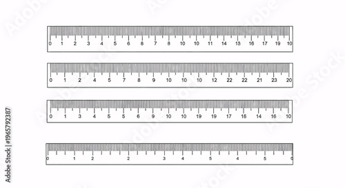 Four realistic metal rulers with precise metric scales in centimeters and millimeters, isolated on a white background. Versatile tools for education, design, and engineering.