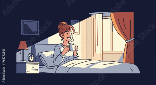 Woman enjoying a warm drink in bed as morning light streams through the window